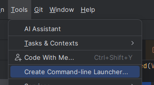 CLion menu for command-line launcher